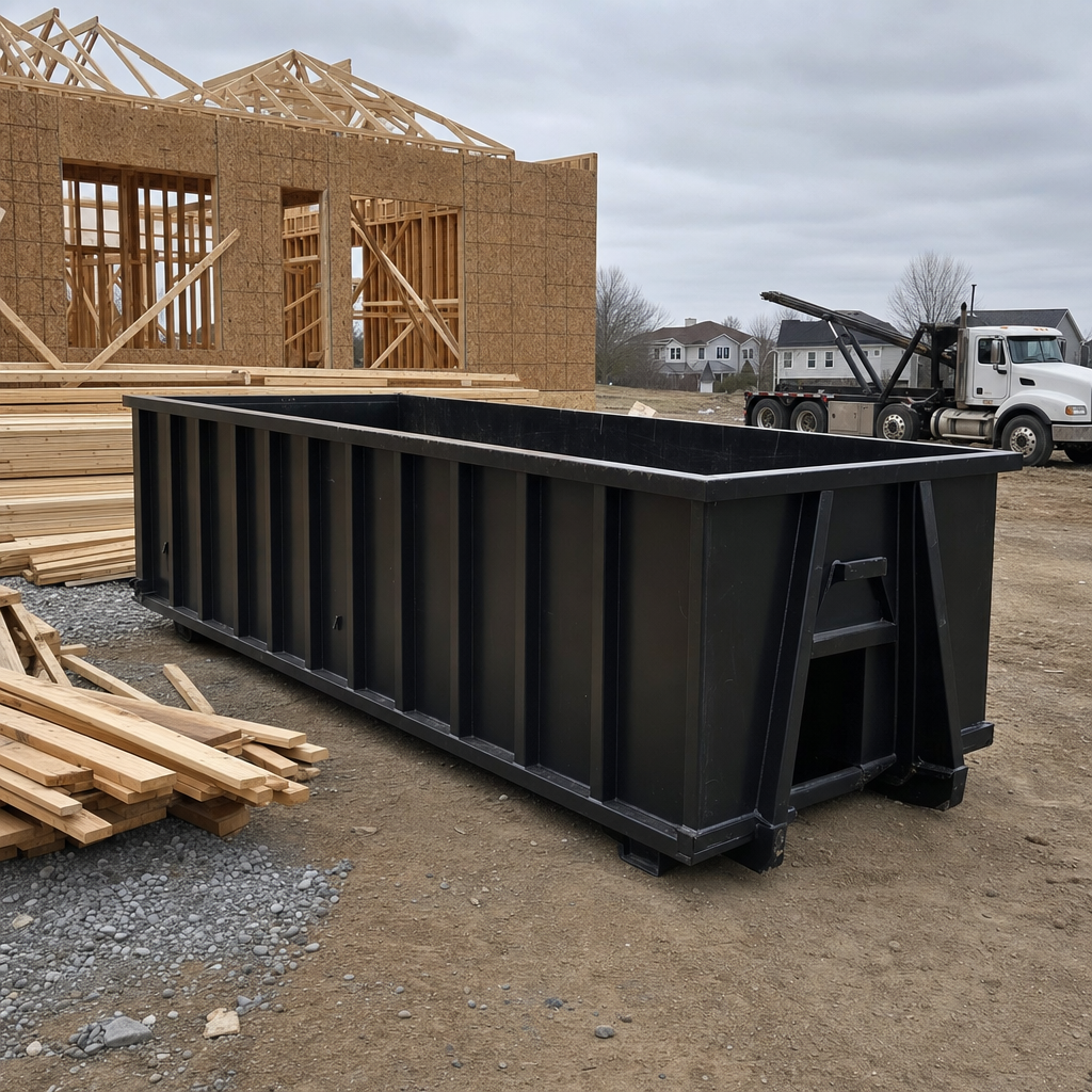 Matte-black 40-yard roll-off dumpster staged on a framed-out residential construction site in New Braunfels, framing lumber stacked nearby, hooklift delivery truck visible in the background under bright Colorado daylight