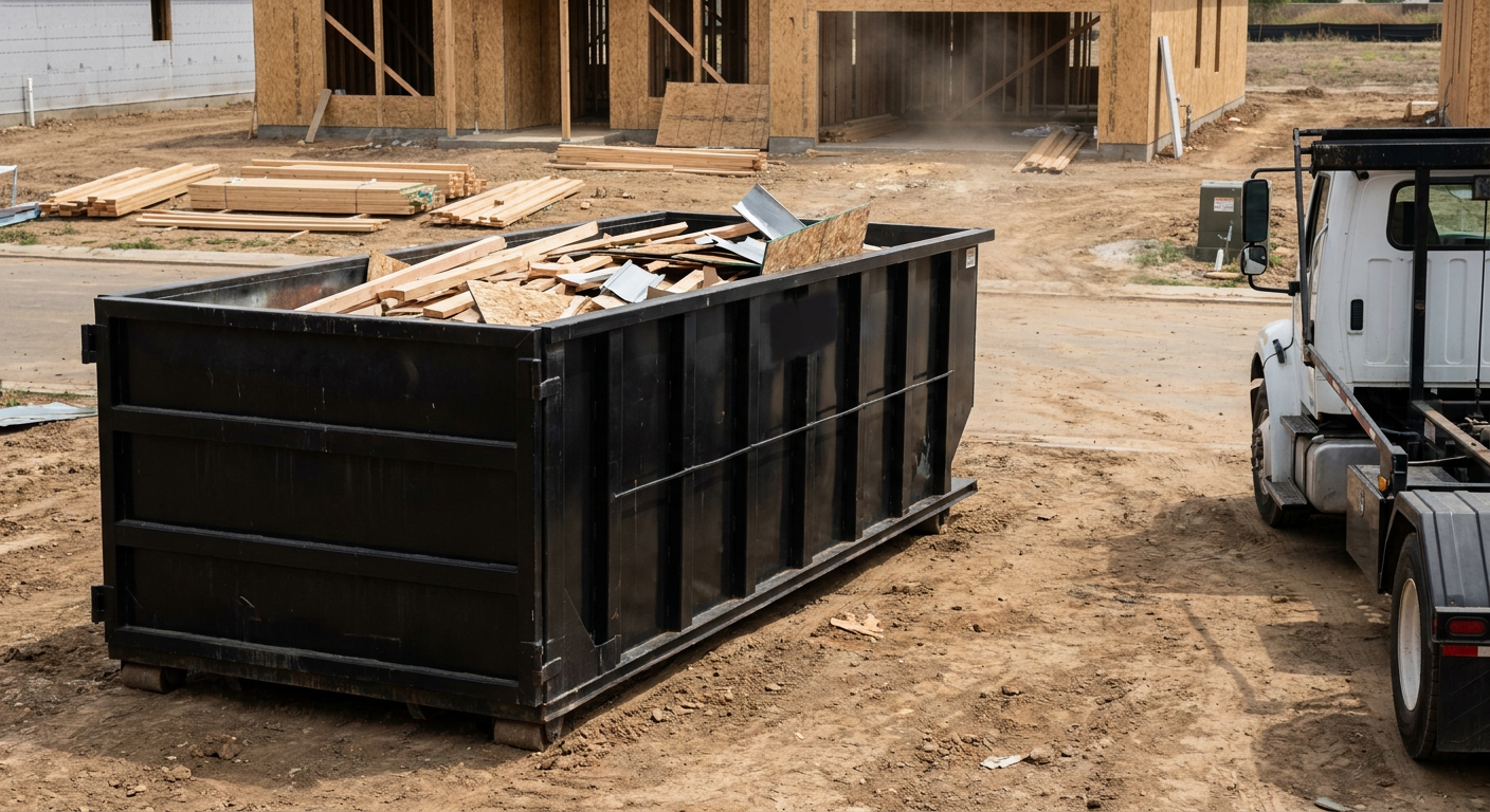Matte-black 20-yard roll-off construction dumpster with heavy ribbed steel sidewalls and swing rear doors at a working jobsite in New Braunfels, sitting directly on compacted dirt with an unmarked white hauler partially visible at the far edge of the frame.