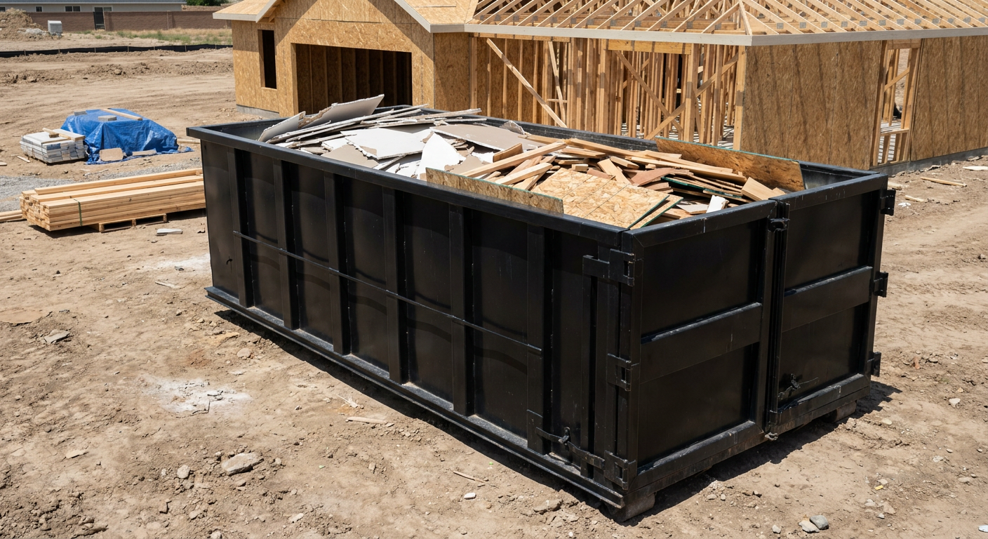 Matte-black 30-yard roll-off construction dumpster sitting directly on the compacted-dirt site of a framed single-family home build in New Braunfels, drywall and lumber scrap loaded inside.