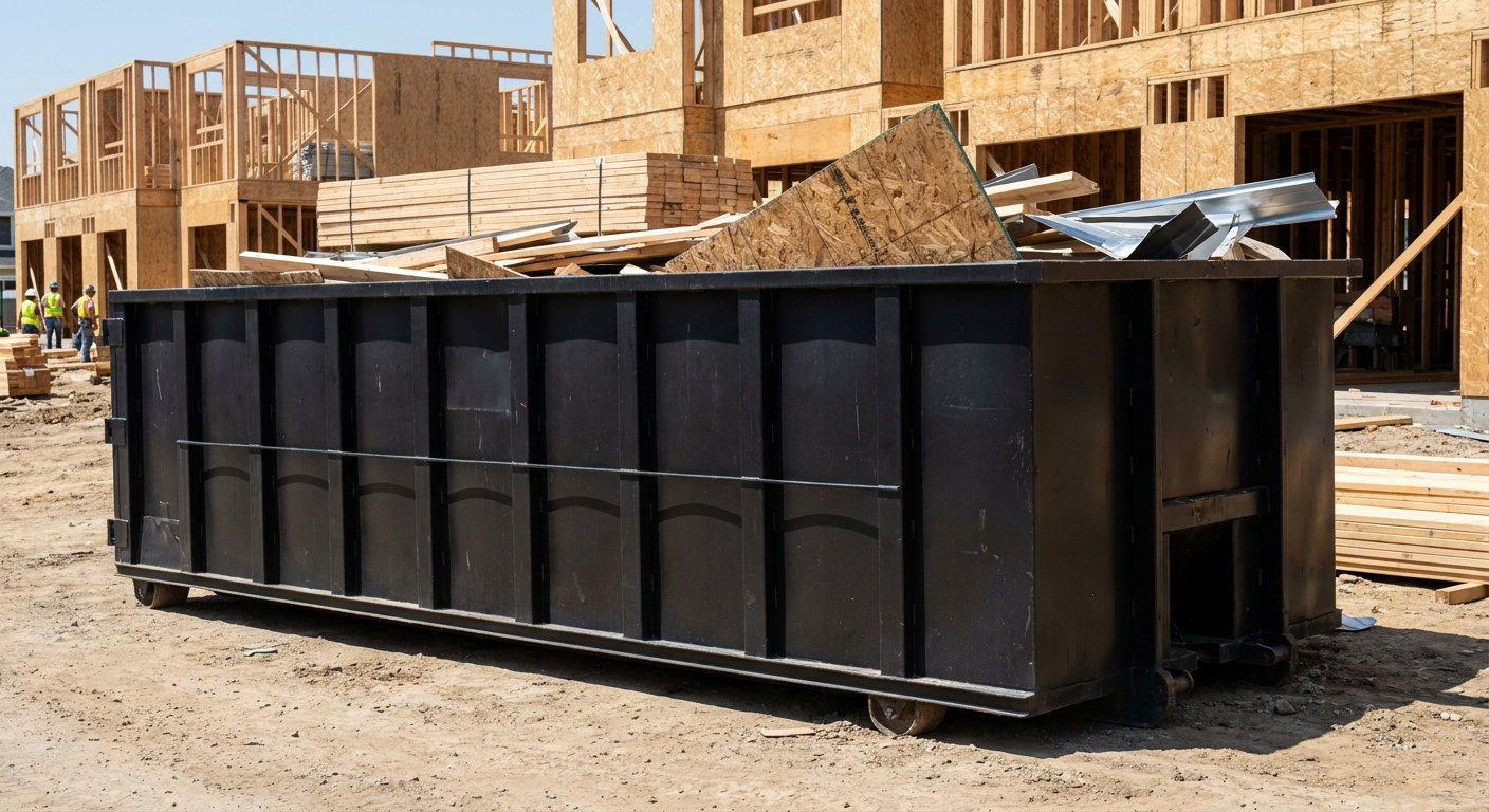 Matte-black 40-yard roll-off construction dumpster being lowered from a white-cab hooklift delivery truck onto the compacted-dirt jobsite at a commercial build site in New Braunfels
