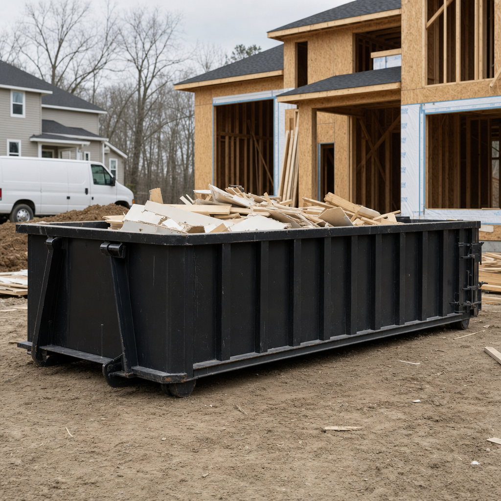 Worker in a yellow high-visibility vest tossing framing lumber and broken drywall into a matte-black 30-yard construction roll-off dumpster on an active build site in New Braunfels, bright daylight