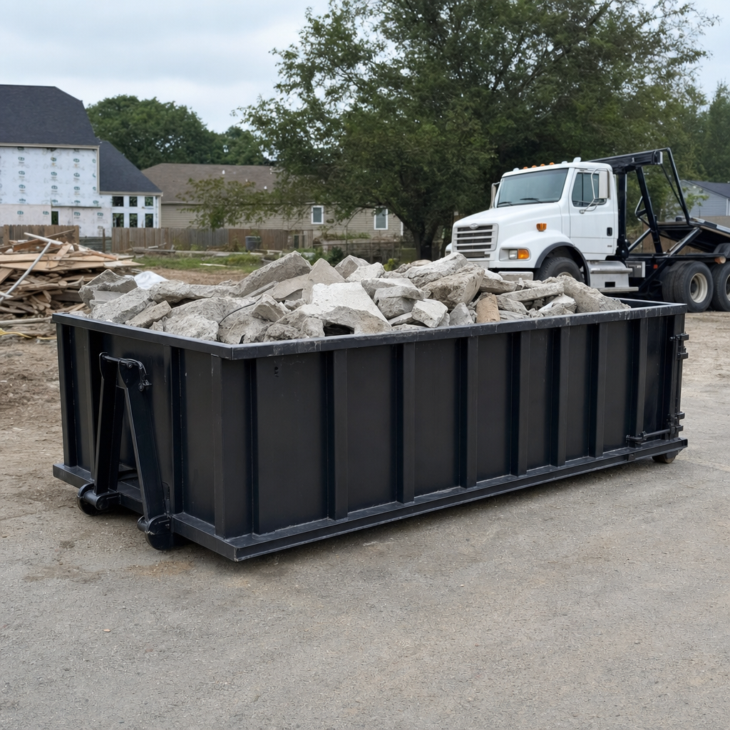 Low-profile matte-black lowboy roll-off dumpster loaded with broken concrete slab and rebar at a foundation tear-out in New Braunfels, skid steer parked beside it, sunny Colorado morning