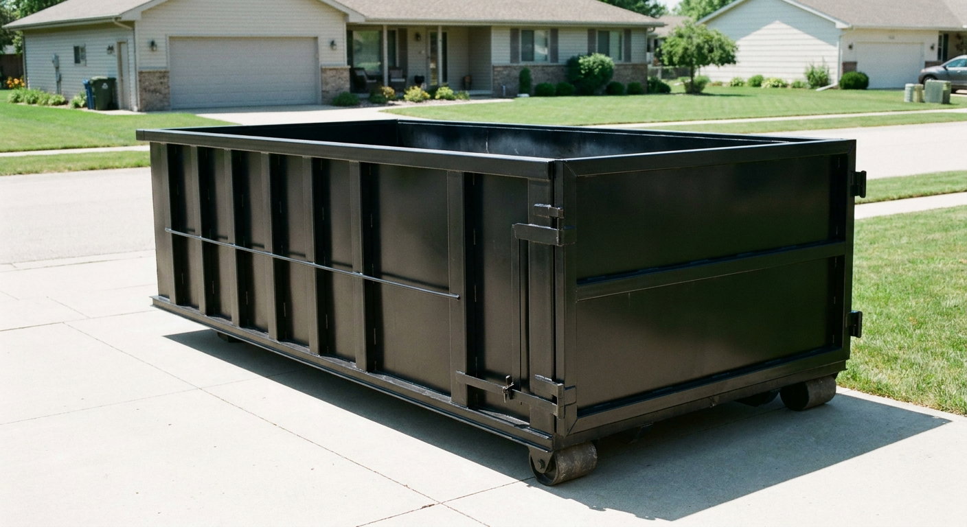 Matte-black 10-yard roll-off dumpster on a residential concrete driveway in New Braunfels, uniformly painted matte black across every panel and rail, ribbed steel sidewalls and rear swing door visible, mid-day daylight.