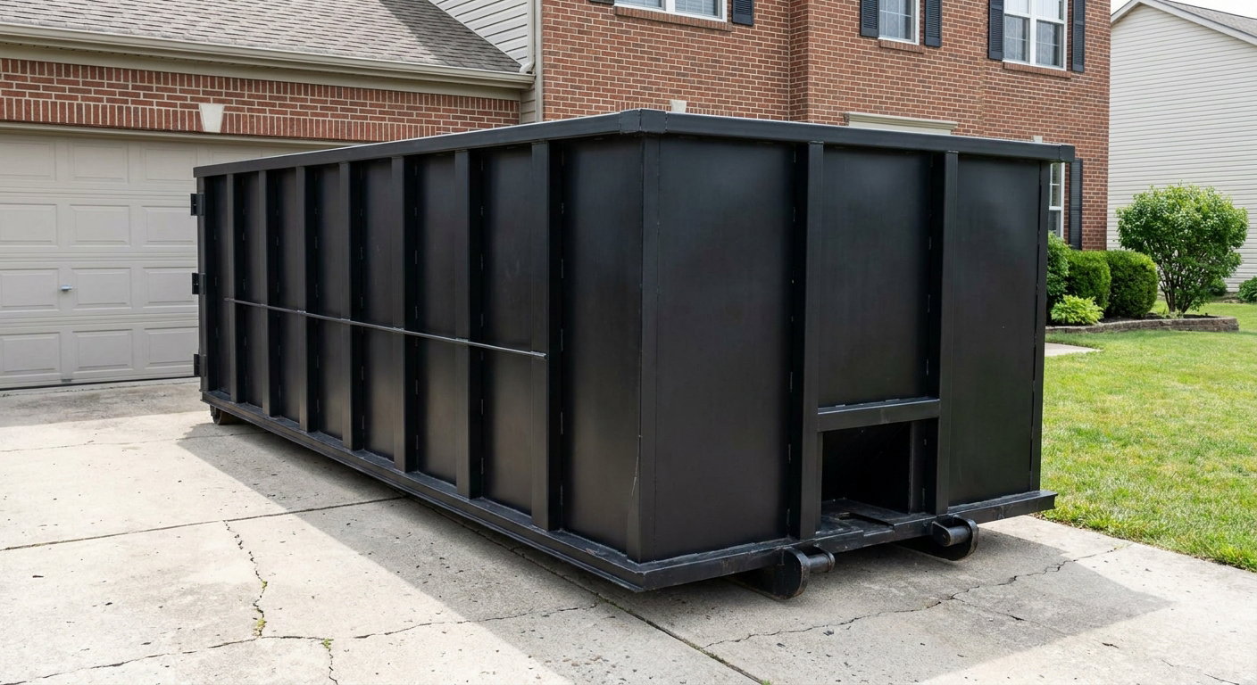Matte-black 20-yard roll-off container on a New Braunfels residential concrete driveway with reinforced ribbed steel sidewalls and a hinged rear walk-in door, clean bright daylight.