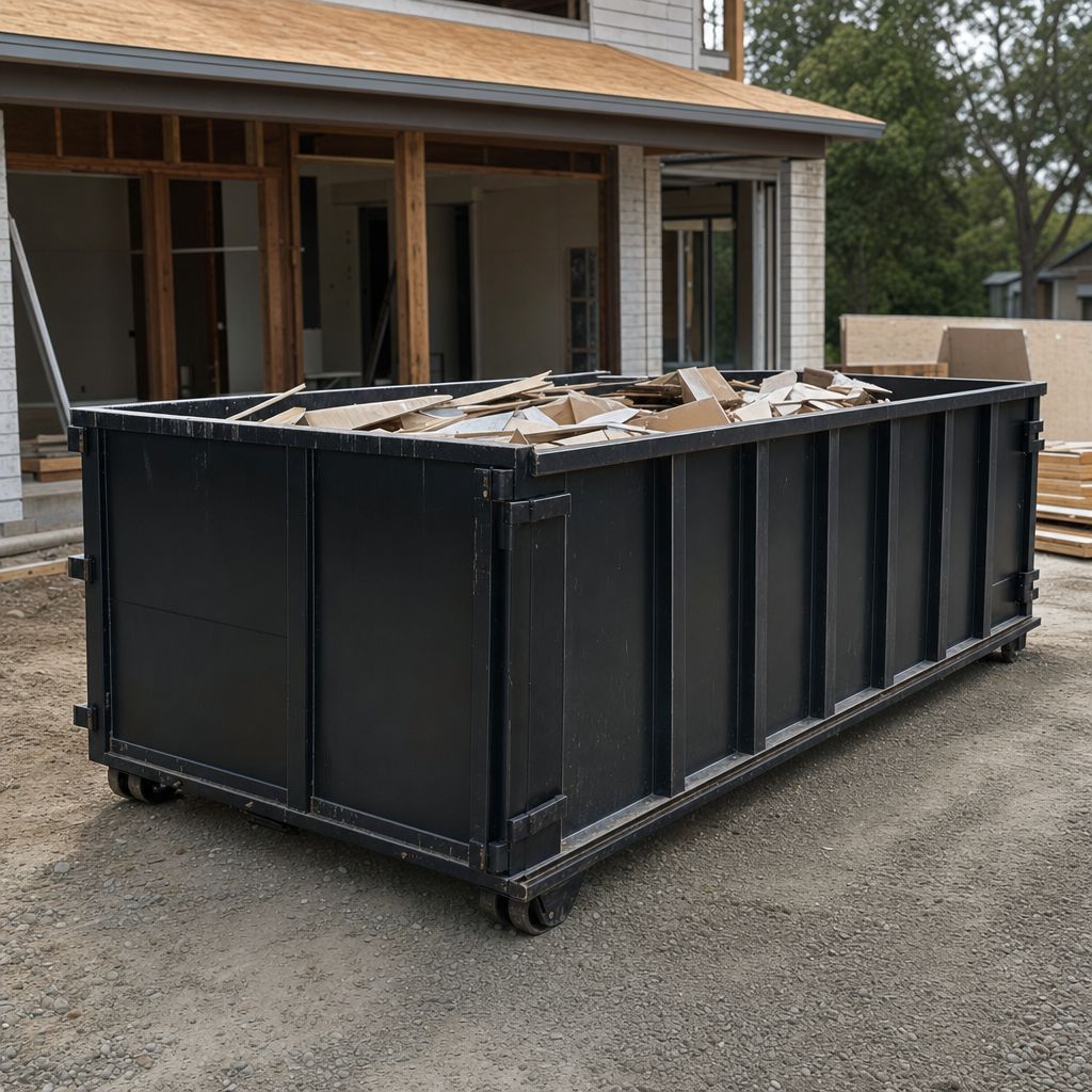 Large matte-black 30-yard construction roll-off dumpster at an active New Braunfels jobsite, steel-gray top rails and bottom rollers visible, loaded with construction debris.