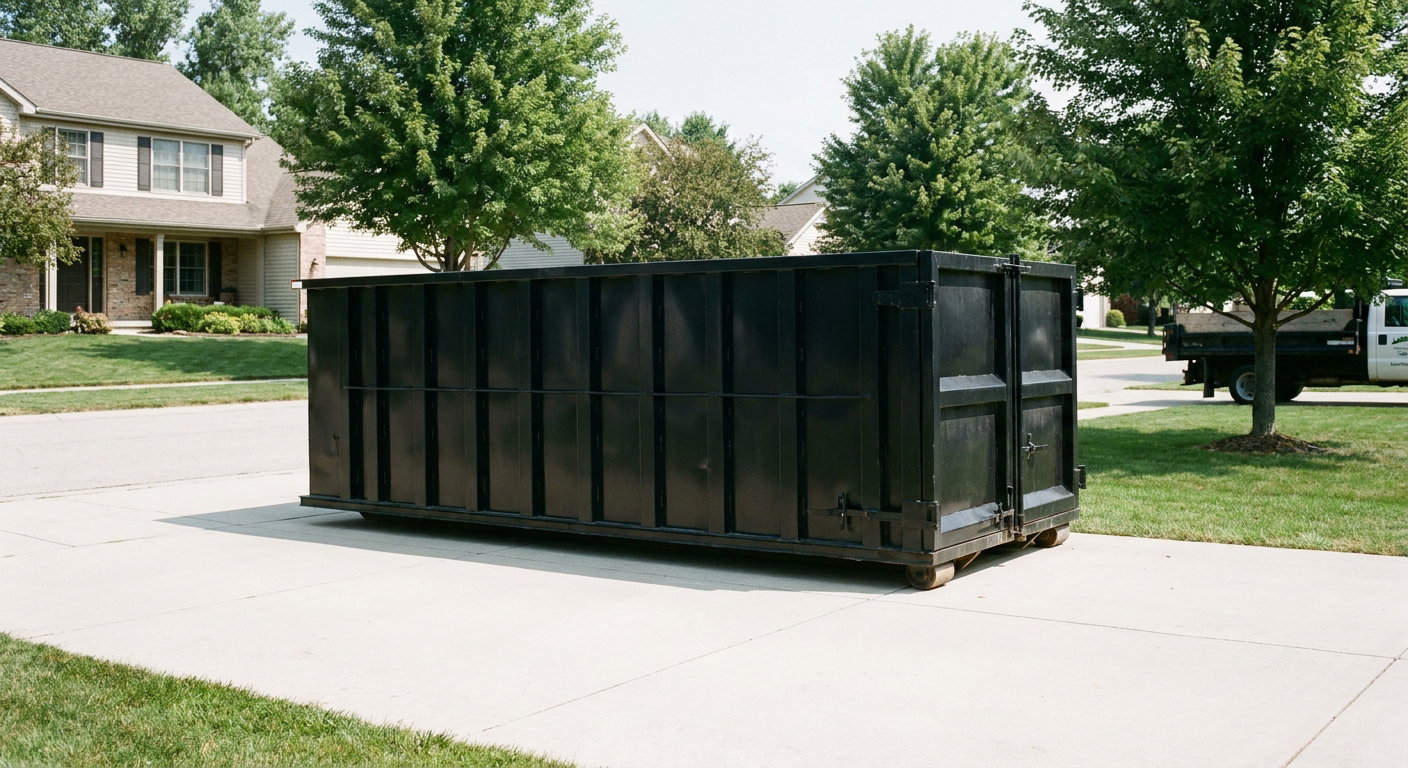 Matte-black 20-yard roll-off dumpster sitting level on a clean New Braunfels residential concrete driveway under bright daylight, demonstrating clean placement directly on the concrete.