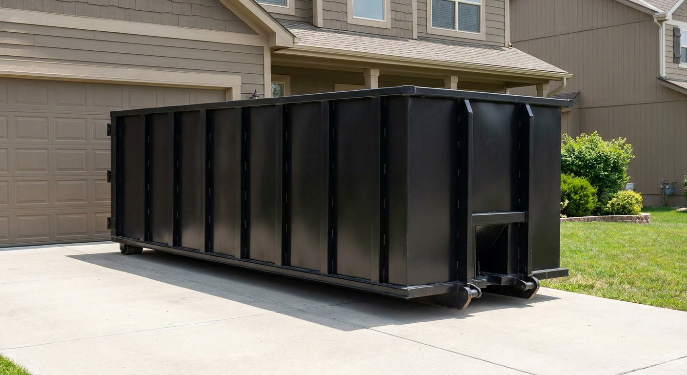 Matte-black residential roll-off dumpster sitting directly on a suburban New Braunfels concrete driveway, garage door closed, single-family home in background, bright morning daylight.