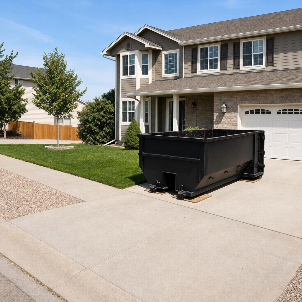 10-yard matte-black residential dumpster placed directly on a narrow New Braunfels concrete driveway, room remains for a parked sedan beside it, mid-morning natural light