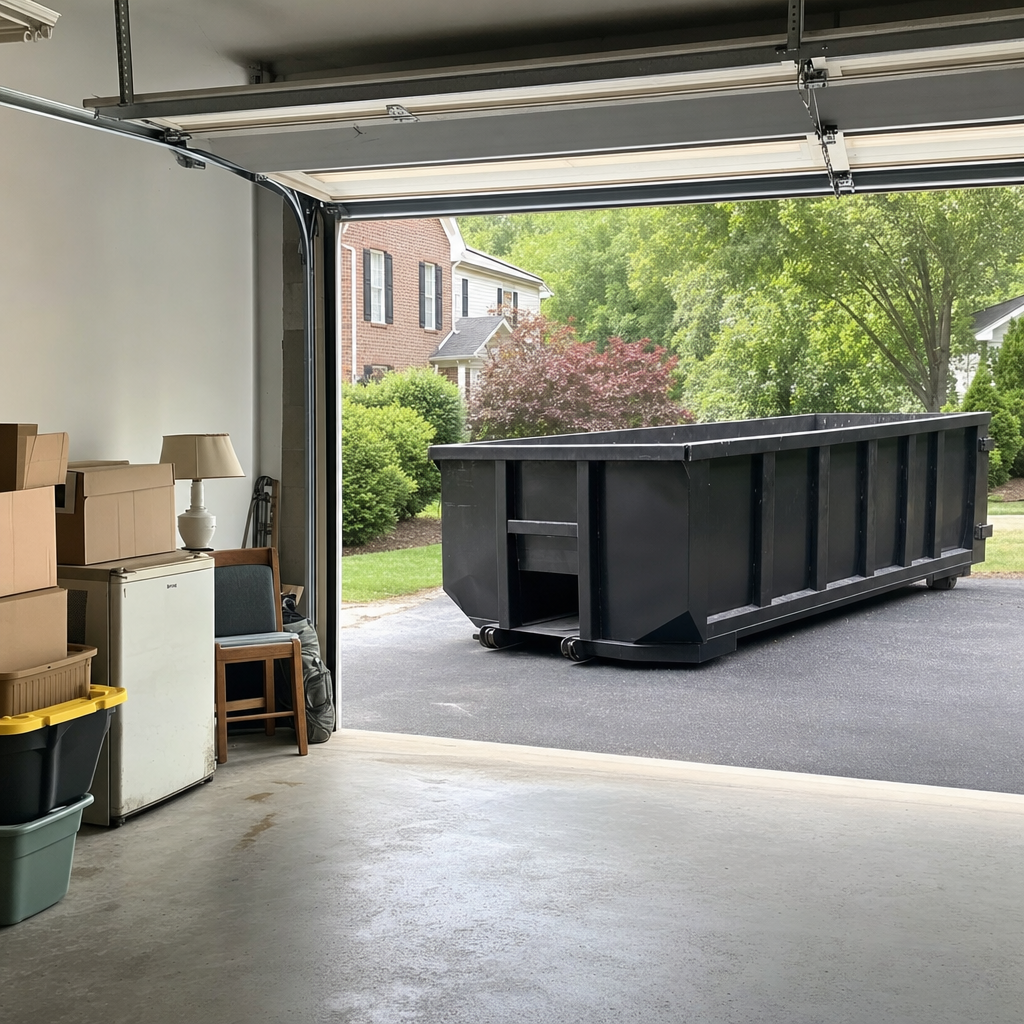 Open garage interior in a New Braunfels home mid-cleanout — boxed items, an old appliance, and stacked yard tools queued near the driveway for a matte-black roll-off dumpster, organized and calm