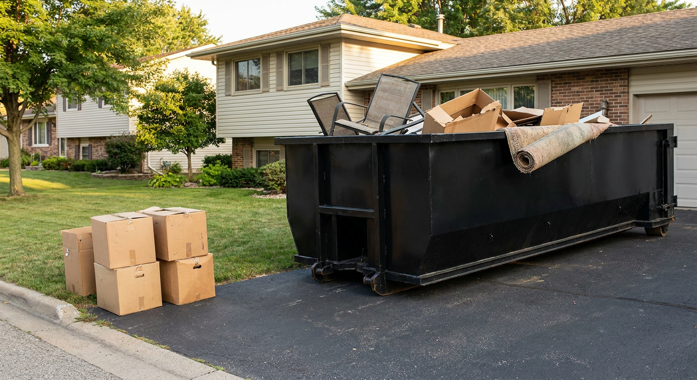 Front-yard view of a New Braunfels split-level home with a 20-yard matte-black roll-off dumpster sitting directly on the asphalt driveway, a few clearly labeled donation boxes staged at the curb, calm sunny afternoon.