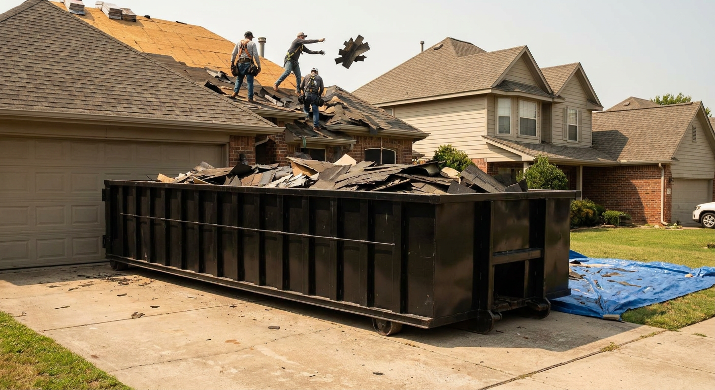 Matte-black roofing roll-off dumpster placed directly on a New Braunfels residential concrete driveway, a tear-off crew on a two-story asphalt-shingle roof tossing shingle bundles into the low-walled container, bright daylight, documentary 35mm perspective.