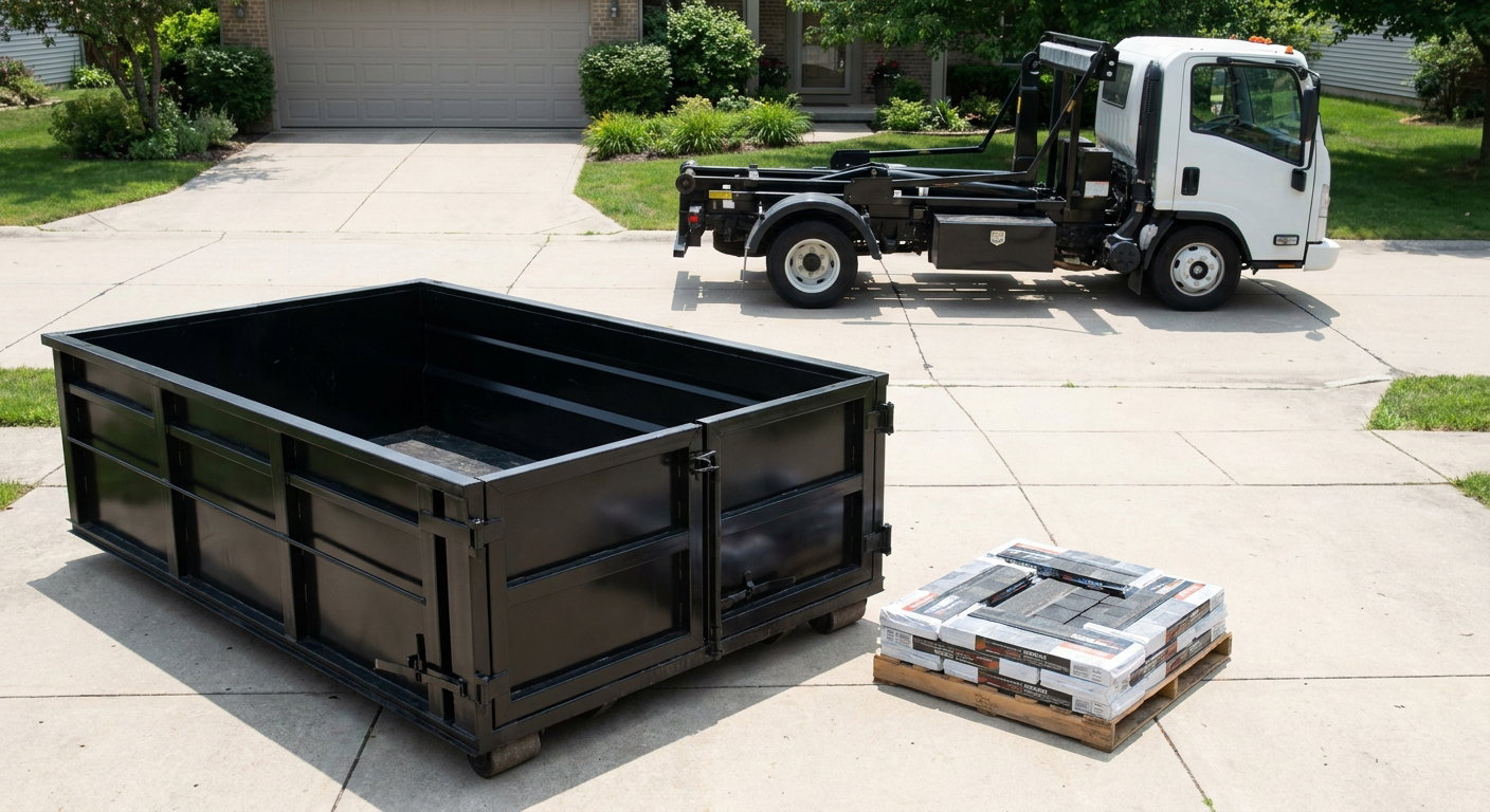 Matte-black 15-yard roofing roll-off dumpster with reinforced low side walls sitting directly on a New Braunfels residential concrete driveway, three-tab asphalt shingle bundles stacked nearby, an unmarked white hauler truck partially visible at the edge of the frame.