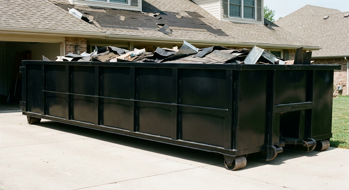 Matte-black 20-yard roofing roll-off dumpster with steel ribbed sides and swinging rear door, sitting directly on the concrete driveway of a two-story New Braunfels home, asphalt shingle debris being loaded over the low wall, clean documentary lighting.