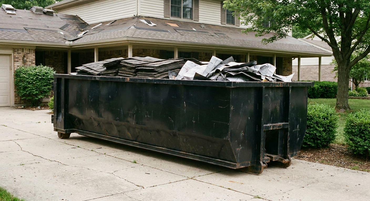 Matte-black 30-yard roofing roll-off dumpster sitting directly on a New Braunfels concrete driveway, taller ribbed steel side panels, mixed tear-off debris of asphalt shingles and underlayment inside, professional documentary daylight.