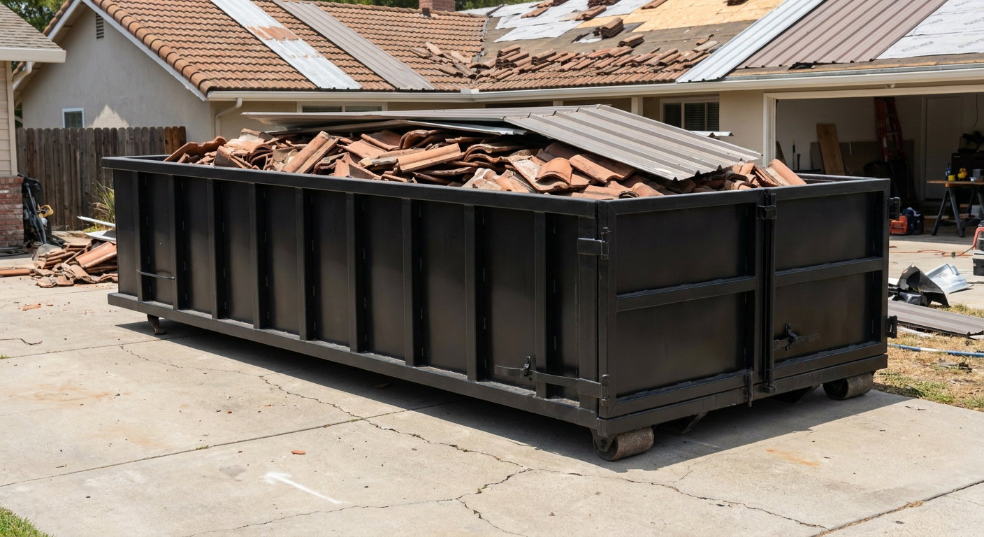 Matte-black low-wall heavy-debris roofing roll-off dumpster sitting directly on a New Braunfels concrete driveway, broken concrete clay roof tiles and metal panel sections loaded inside, reinforced ribbed steel side walls visible, bright outdoor daylight.