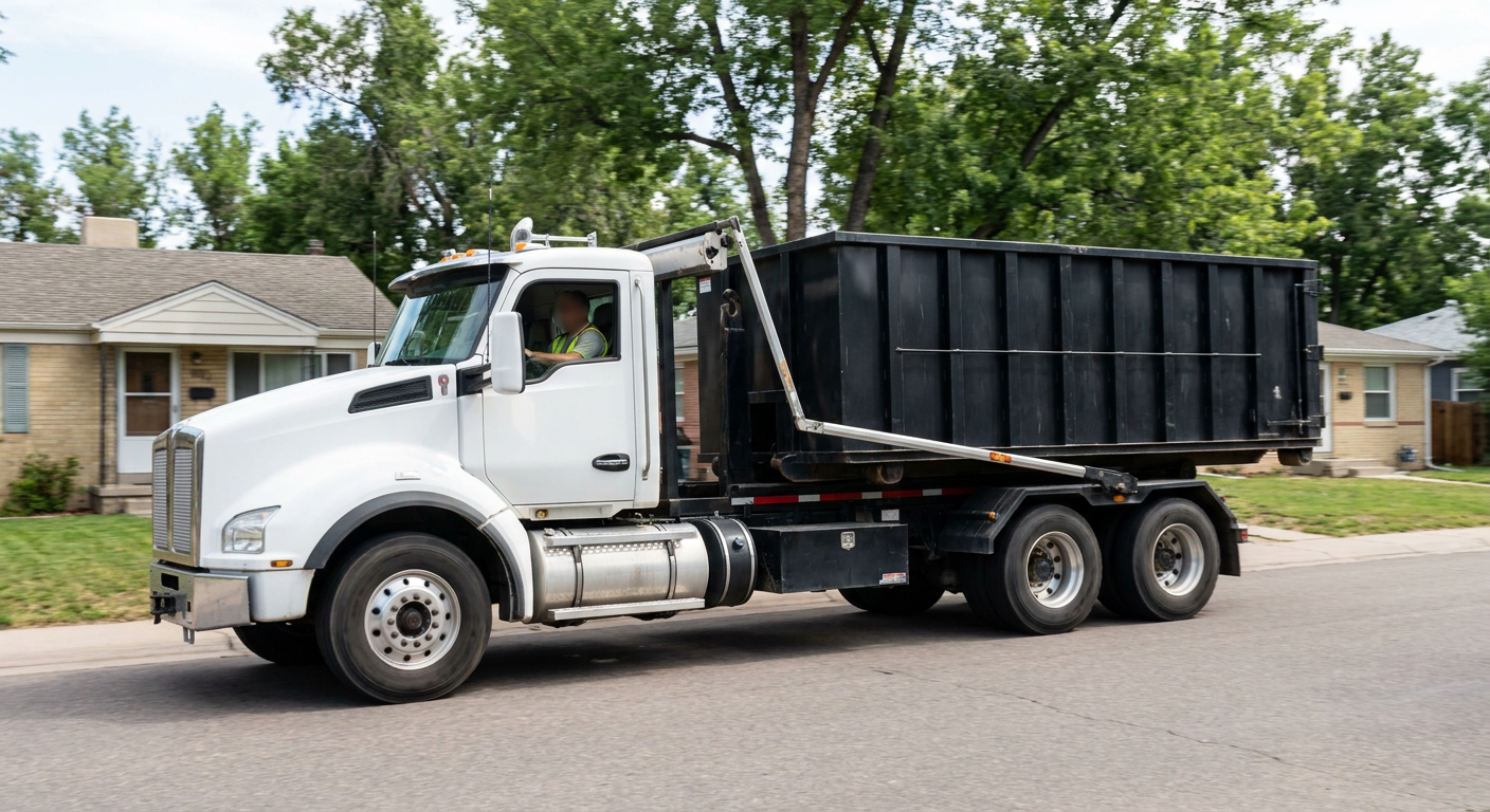 A wide documentary shot of a matte-black roll-off delivery truck pulling onto a quiet New Braunfels residential street at mid-morning, with neighborhood rooftops and tree-lined blocks visible behind, showing the metro coverage footprint.