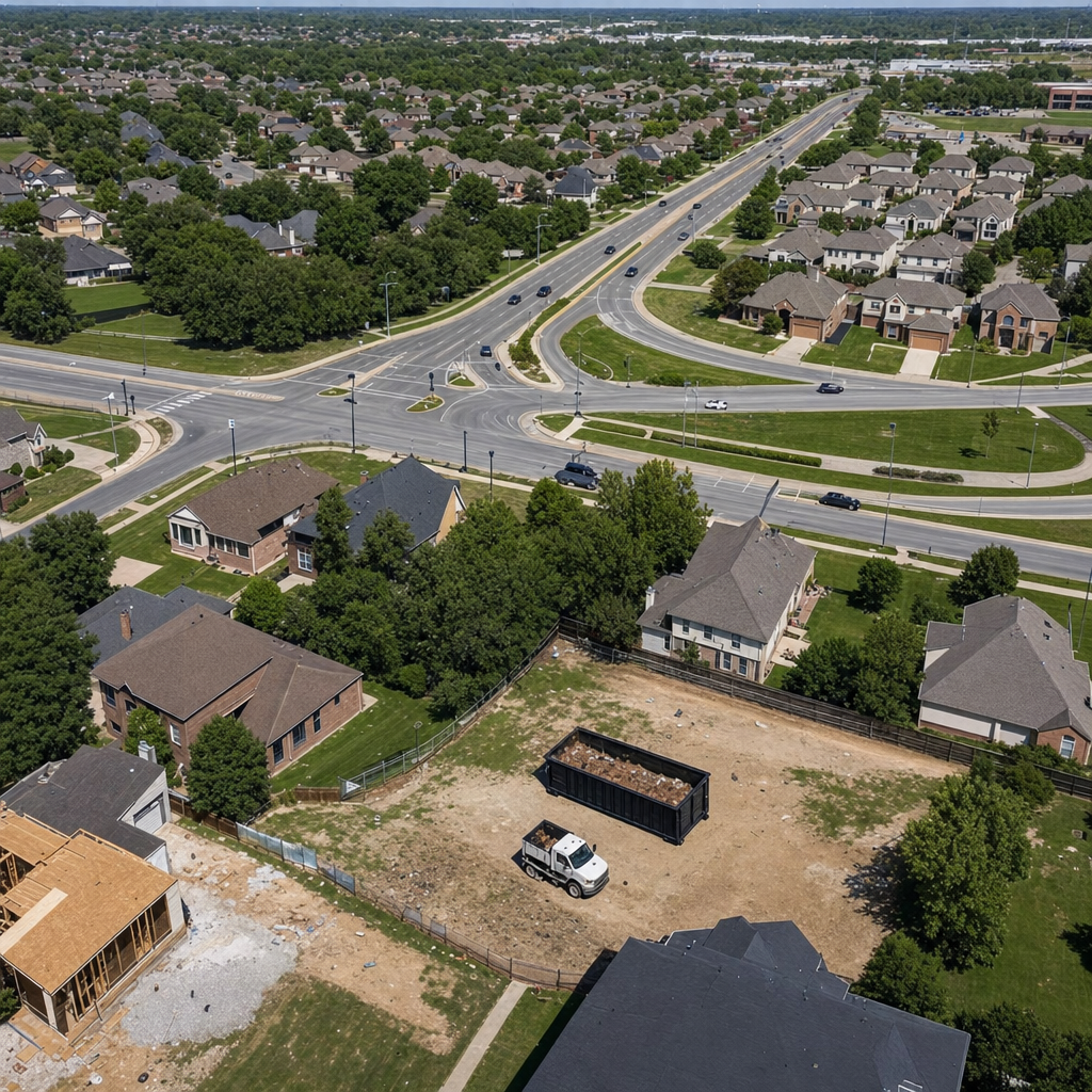 An overhead documentary view of the New Braunfels metro area at midday, showing the spread of neighborhoods, arterial roads, and the dispatch radius from a central yard — clean daylight, organized geographic layout.