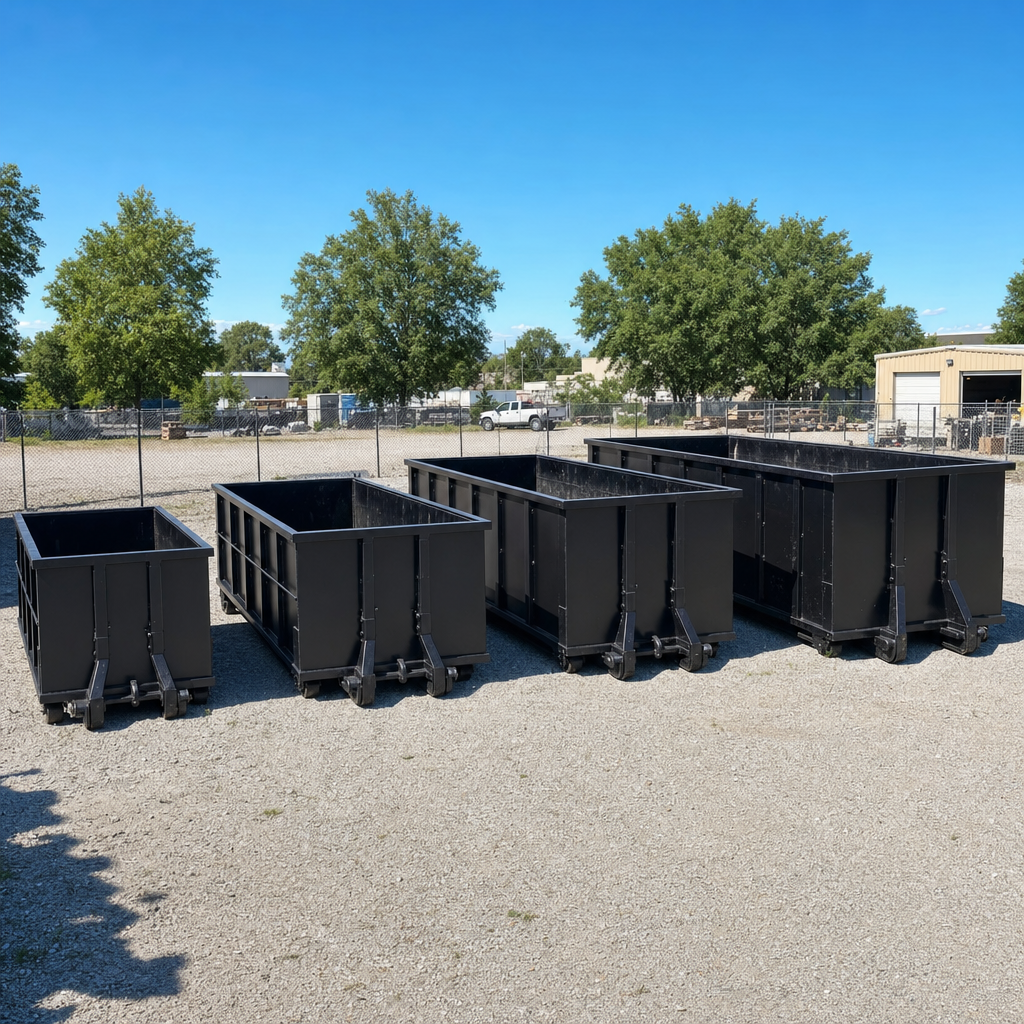 A clean lineup of matte-black roll-off dumpsters in 10, 20, 30, and 40-yard sizes staged on a sunlit gravel yard in New Braunfels, showing the size progression from compact to commercial-scale containers.