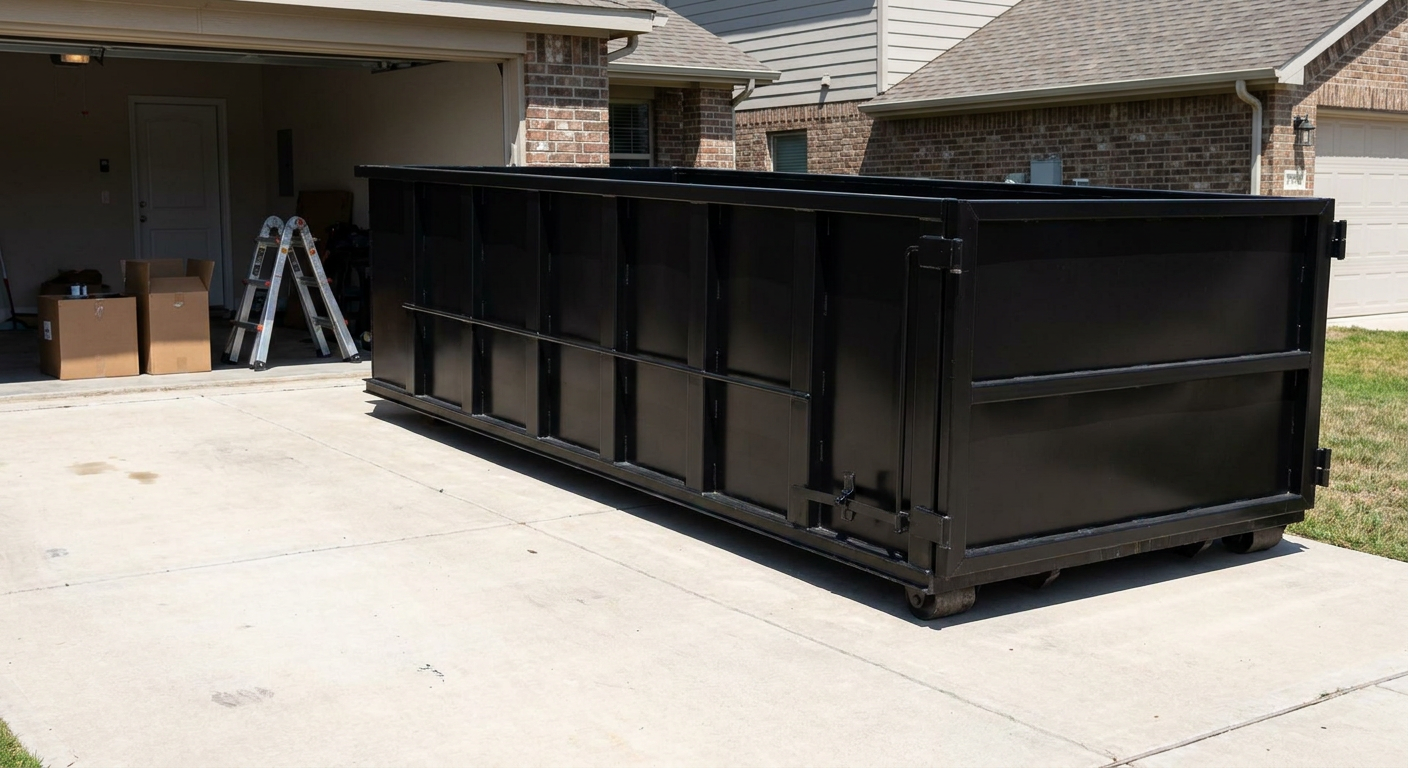 A matte-black 10-yard roll-off dumpster sitting directly on a residential New Braunfels concrete driveway, mid-day sunlight, clean and ready for a garage cleanout.