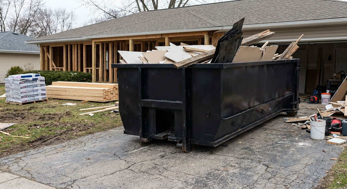 A matte-black 20-yard roll-off dumpster placed alongside a mid-renovation New Braunfels home directly on the asphalt driveway, with framing materials and torn-off shingles staged neatly nearby.