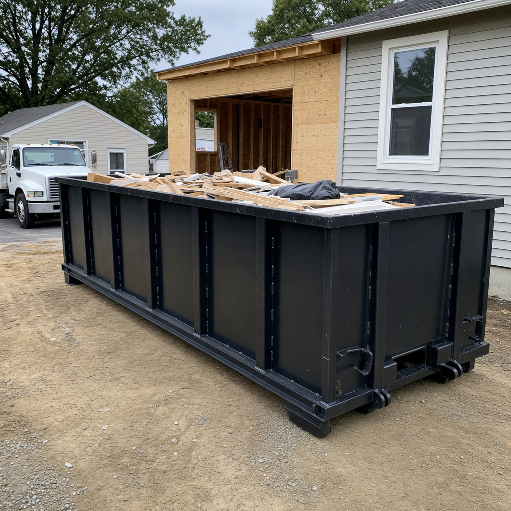 A matte-black 30-yard roll-off dumpster positioned at a New Braunfels residential addition jobsite, with framing lumber and drywall scraps loaded through the open swinging rear doors.