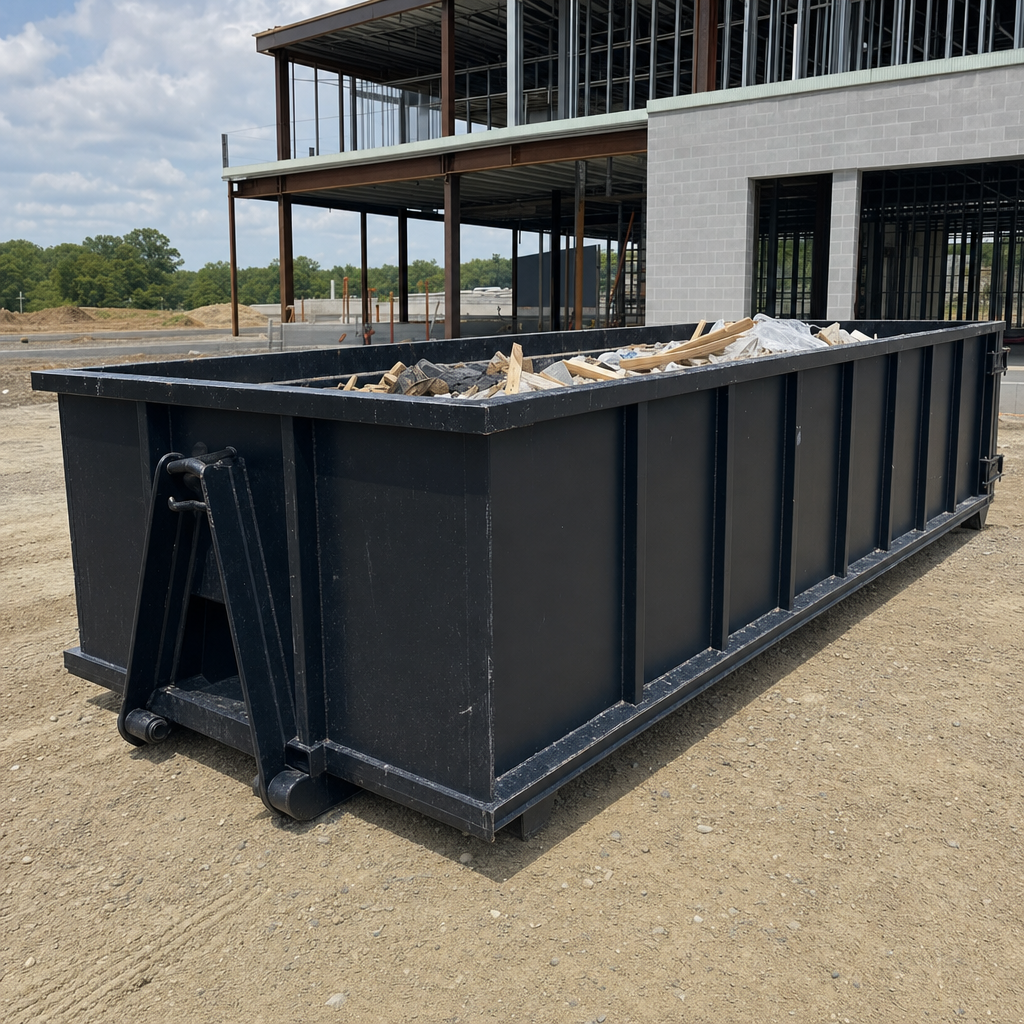 A matte-black 40-yard roll-off dumpster staged on a large New Braunfels commercial construction lot, with a hooklift delivery truck parked alongside under bright midday sky.
