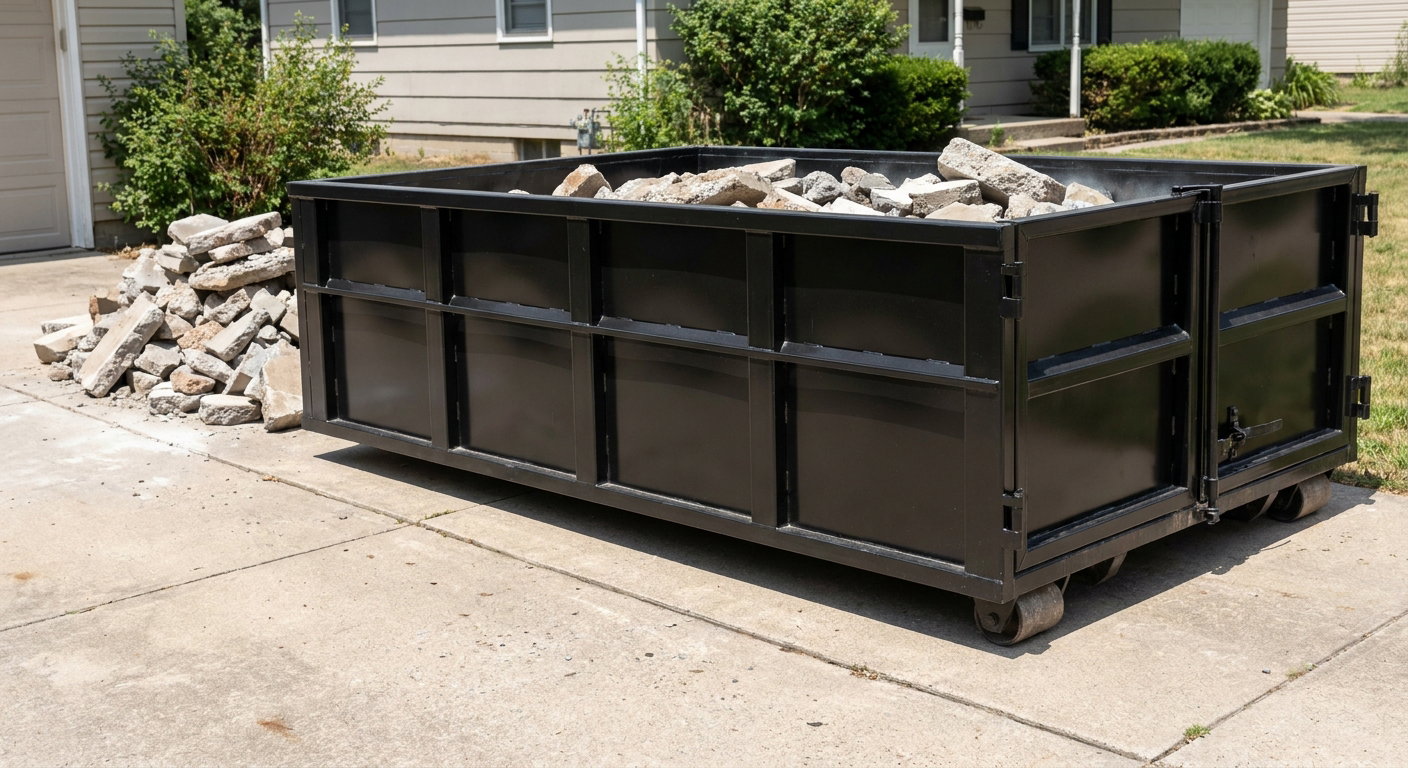 A matte-black low-side heavy-debris roll-off dumpster placed directly on a New Braunfels concrete driveway, with broken concrete chunks neatly stacked beside it under clean daylight.